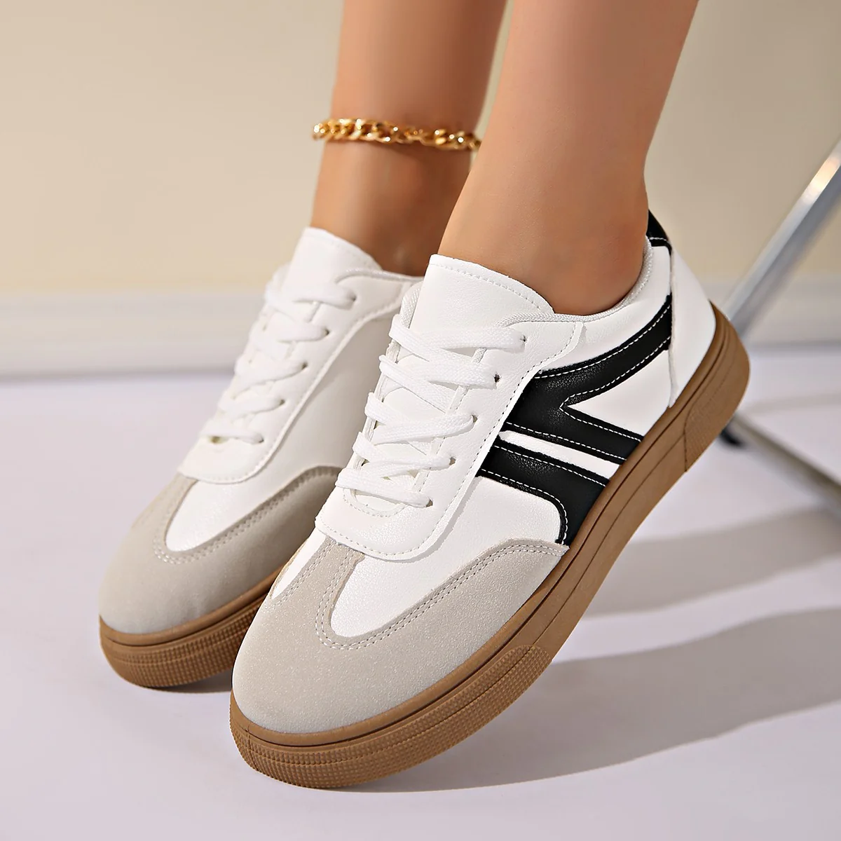 Lace Up Round Toe Contrast Sneakers (multiple color options)