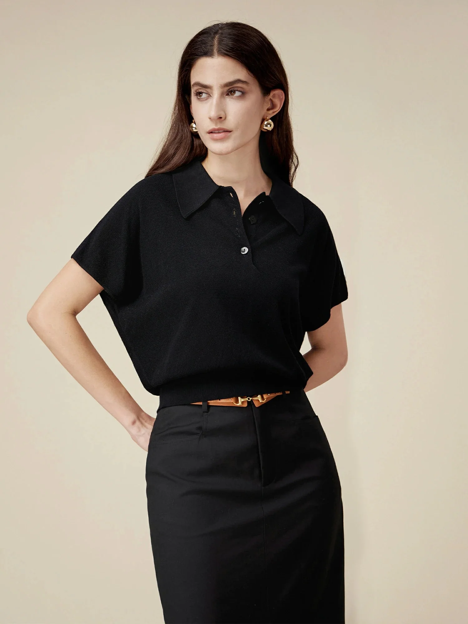 100% Lyocell Polo Collar Short-Sleeve Casual Top