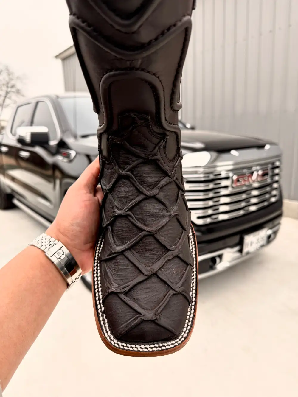 Matte Brown Pirarucu Leather Boots - Square Toe