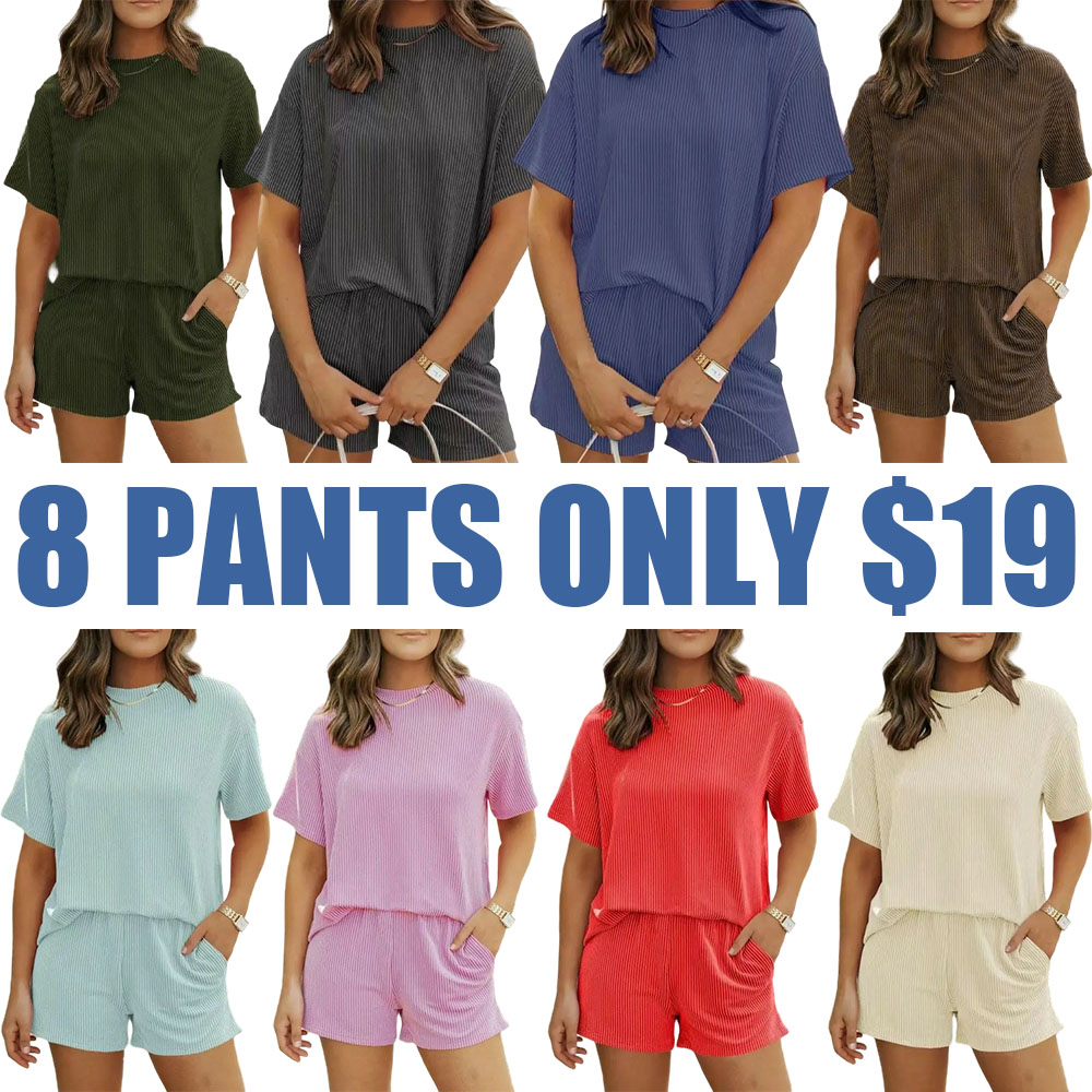 Women's Ribbed Textured Lounge Shorts Set with Pockets