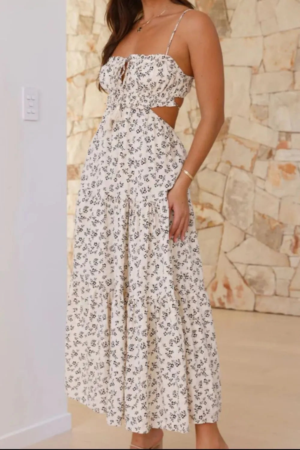 Cutout Printed Sleeveless Midi Cami Dress