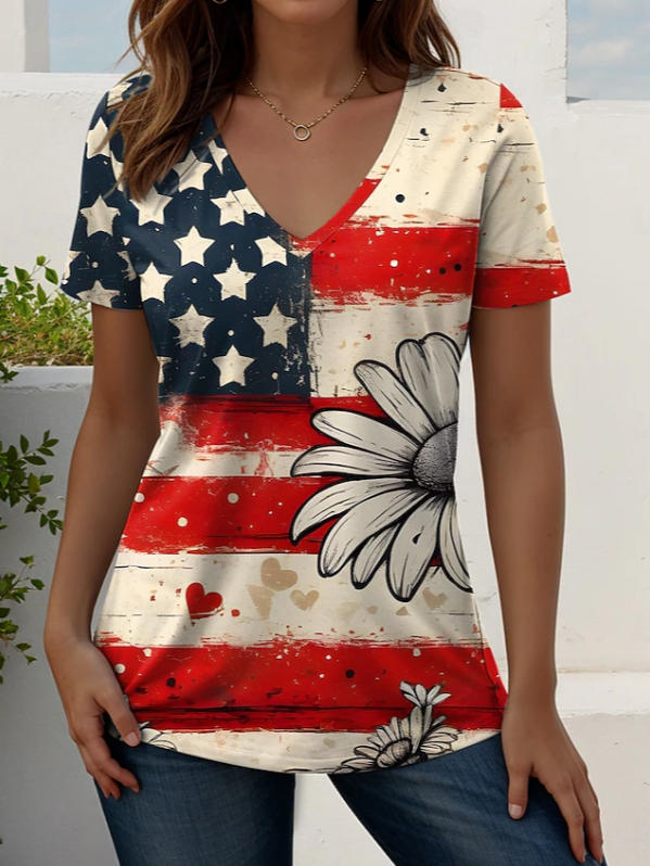 Women's Short Sleeve T-shirt Summer As Picture Star Printing V Neck Holiday Going Out Vintage Top