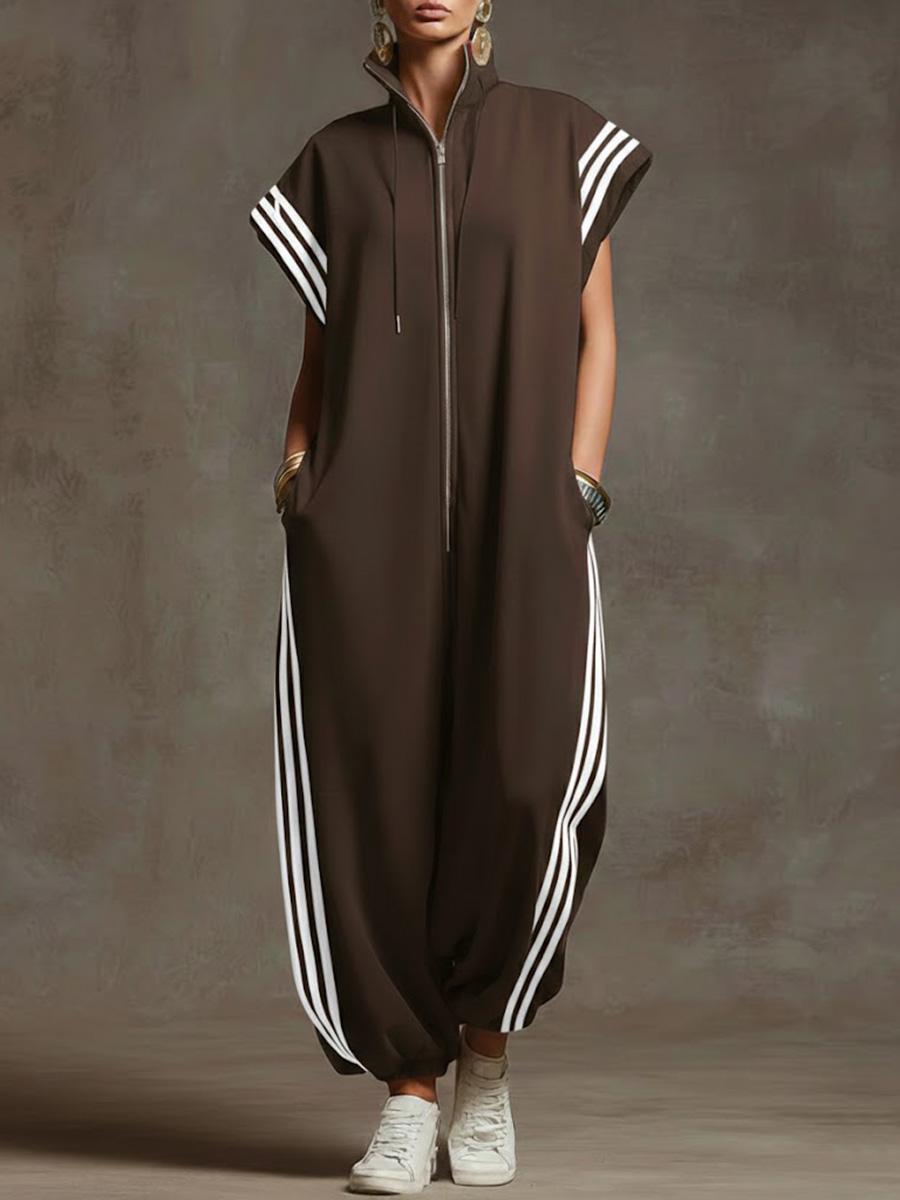 Women's Stand-collar Short-sleeved Casual Loose Cotton Wide-leg Jumpsuit