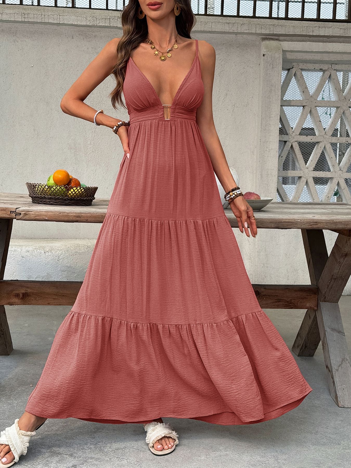 Deep V-Neck Tiered Maxi Dress