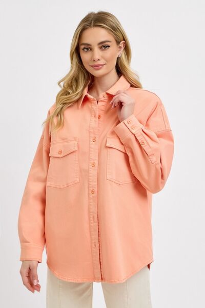 Full Size Button Down Long Sleeve Denim Shacket with Chest Pockets