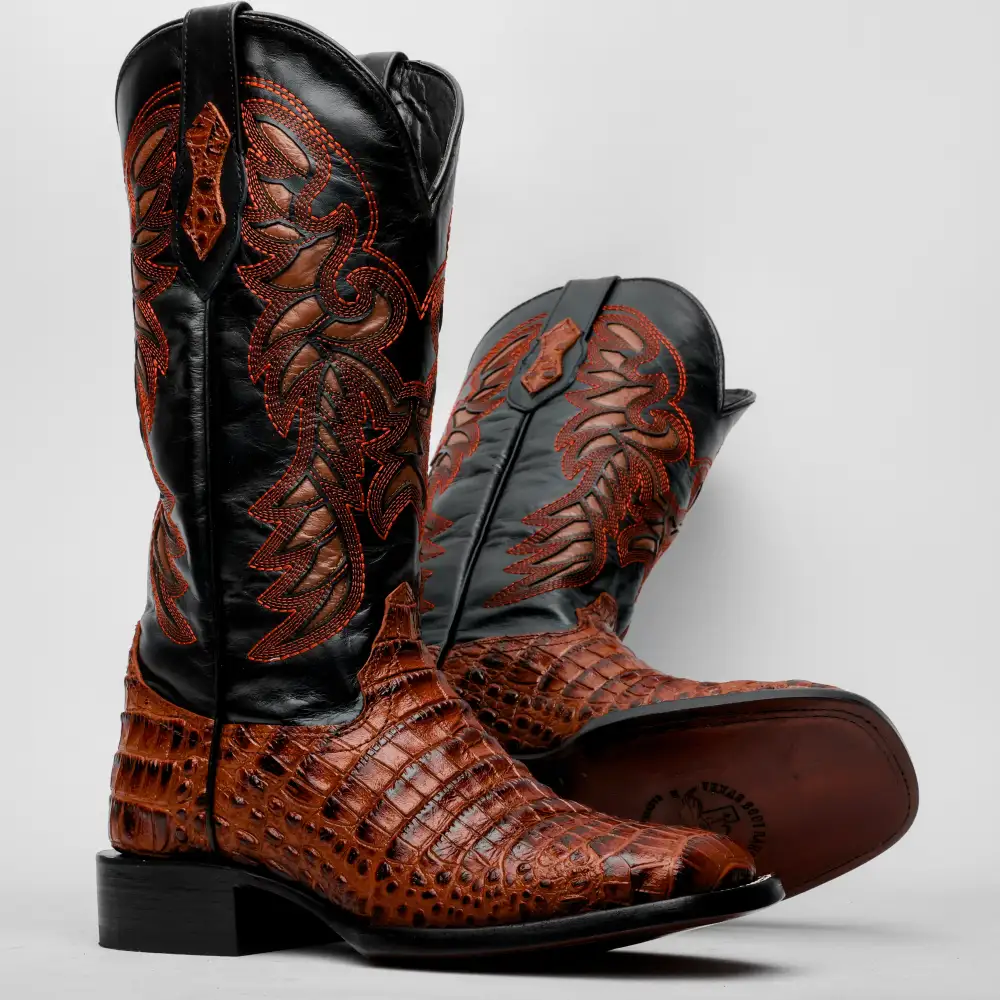 Cognac Caiman Belly Leather Boots - Square Toe