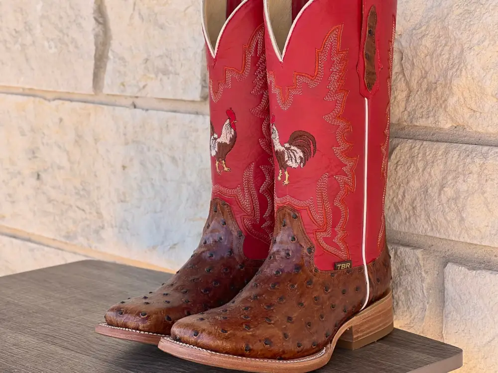 Men’s Cognac Ostrich Leather Boots With Red / Rooster Shaft