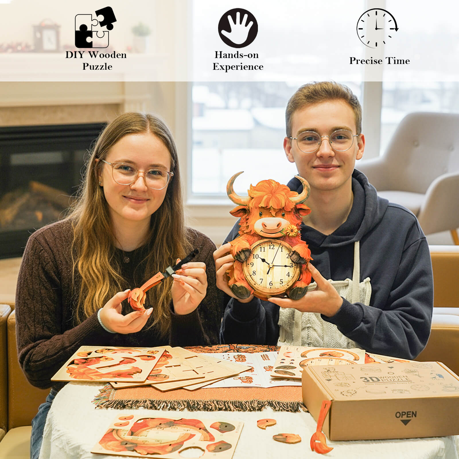 Highland Cattle â€“ DIY Wooden Clock, 3D Puzzle Craft Kit