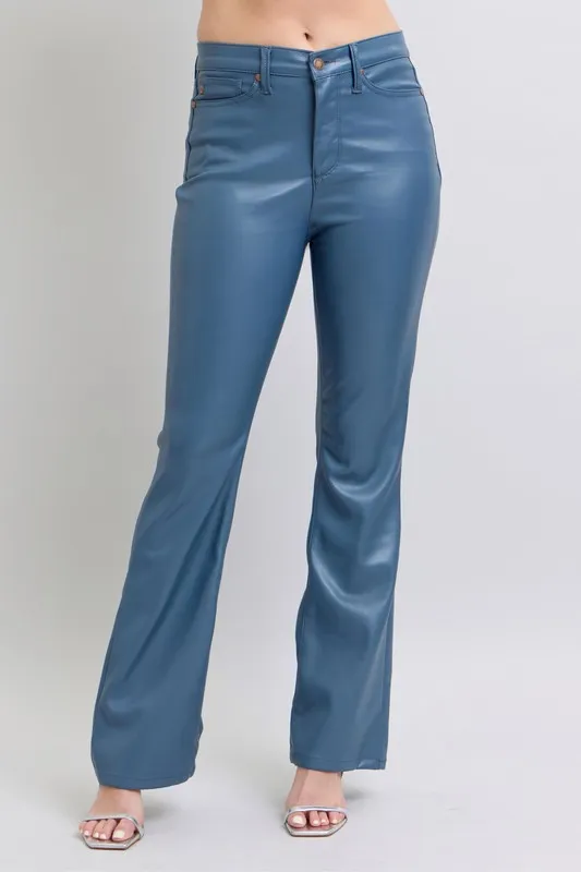 Blue Full Size High Waist Tummy Control Faux Leather Bootcut Pants Plus Size