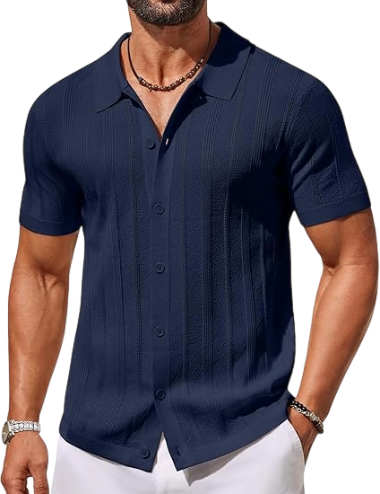 Men's Knit Button Down Shirts Short Sleeve Polo Shirt Casual Vacation Summer Beach Shirts