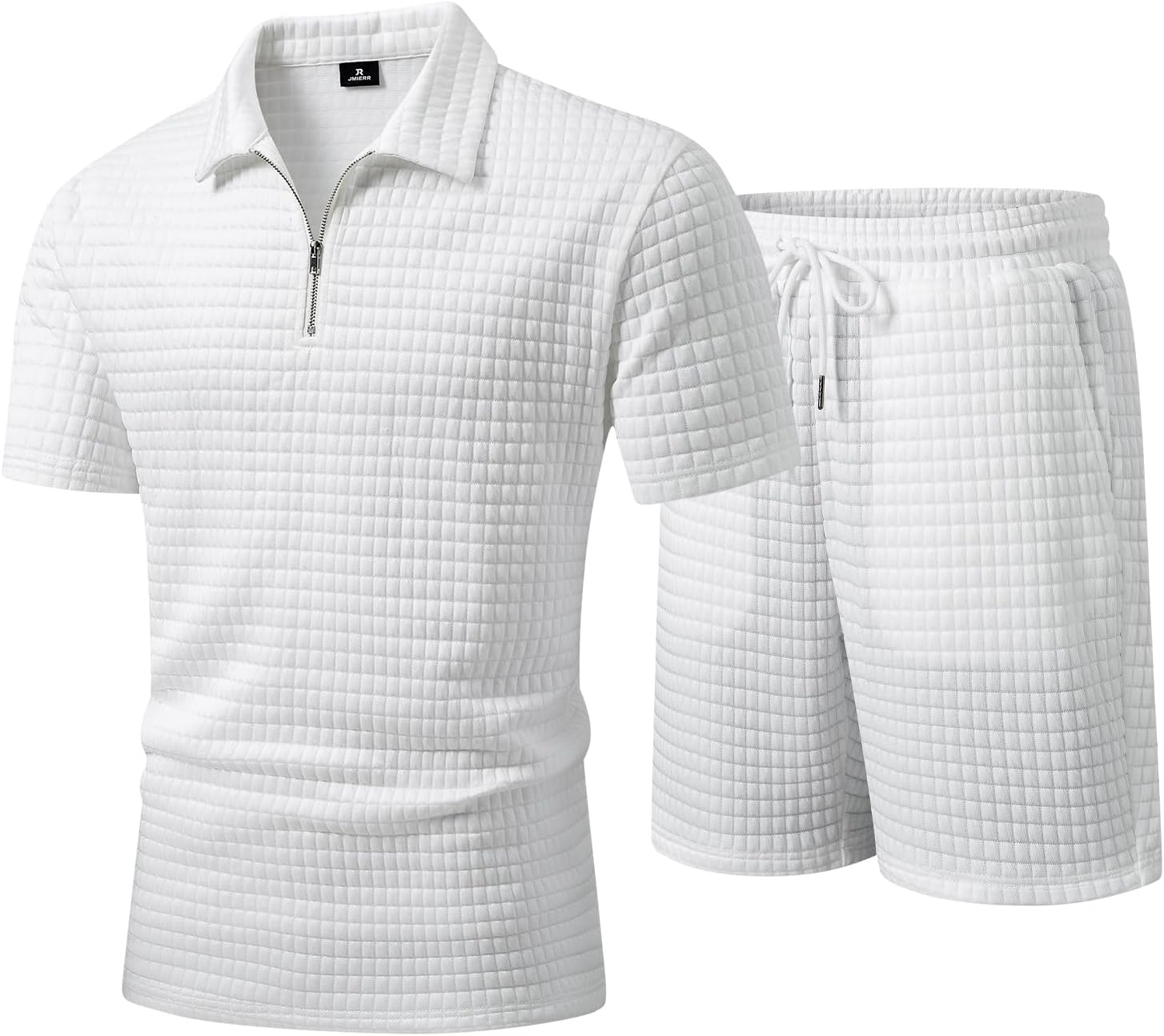 Men's 2 Piece Waffle Knit Outfit Half Zip Polo Shirt and Shorts Textured Summer Set