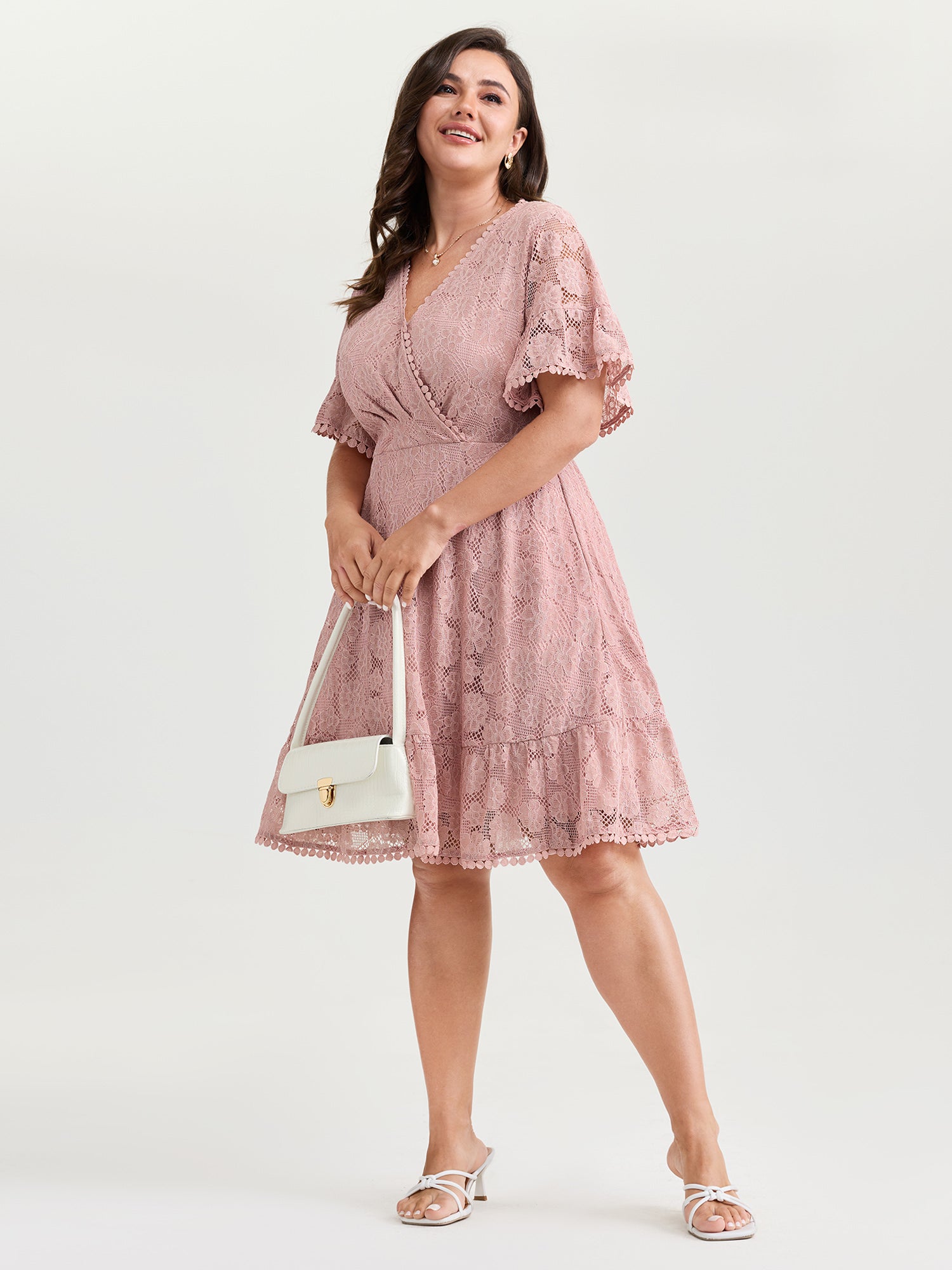 Lace Surplice Neckline Ruffled Hem Mini Dress