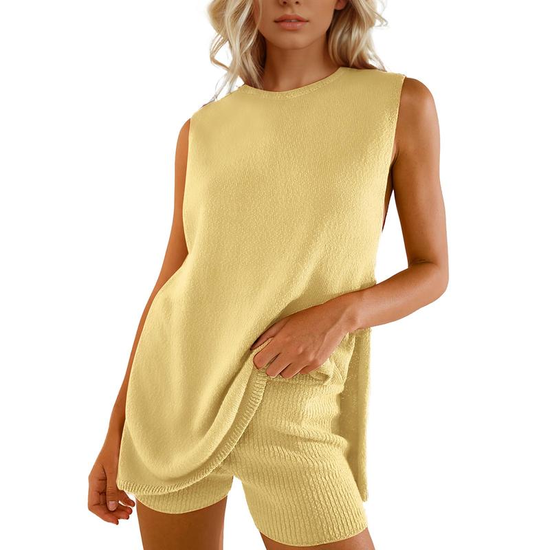 Women’s 2-Piece Summer Knit Sweater Set – Sleeveless Tunic Top & Matching Shorts, Casual Beach Lounge Outfit
