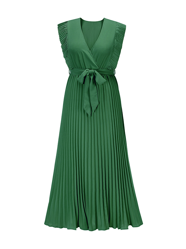 Floral Pleated Solid Color Split-Joint Tied Waist Loose Sleeveless V-Neck Maxi Dresses