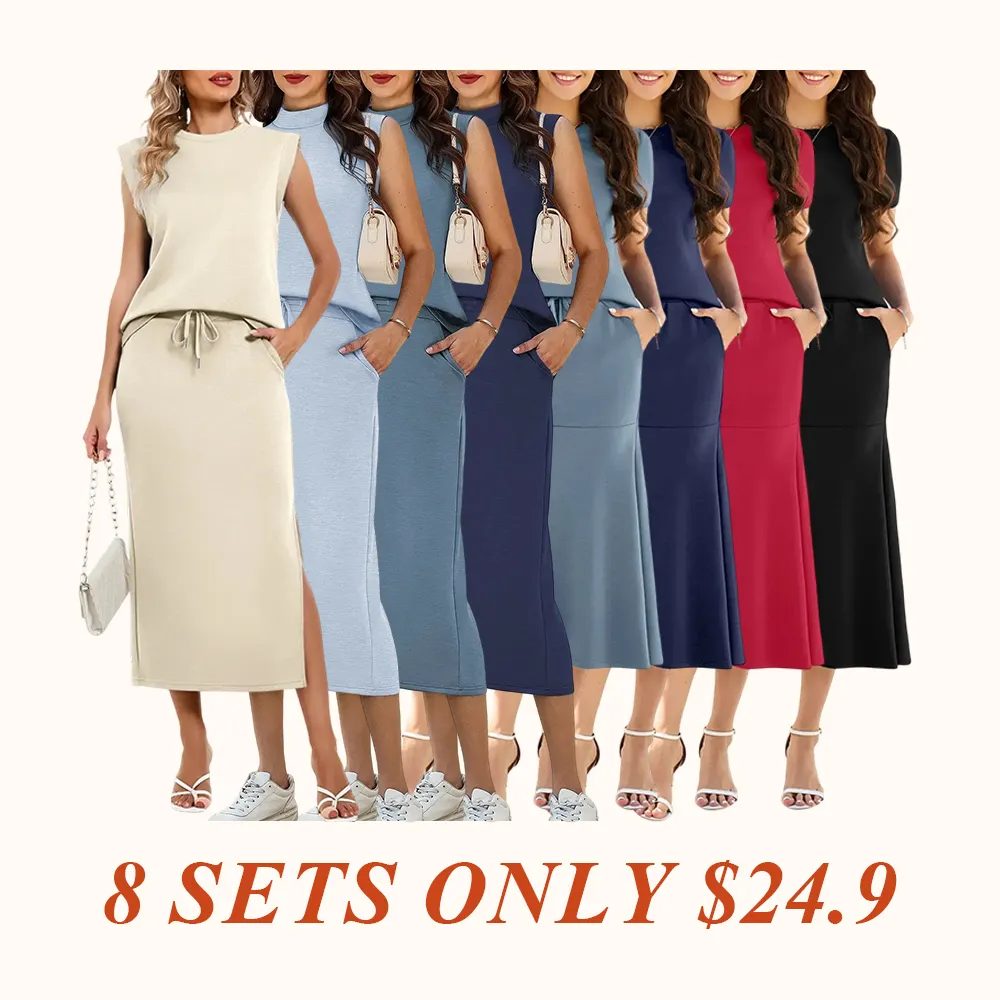 Women's Two Piece Sets Summer Outfits Cap Sleeve Top Drawstring Midi Skirts
