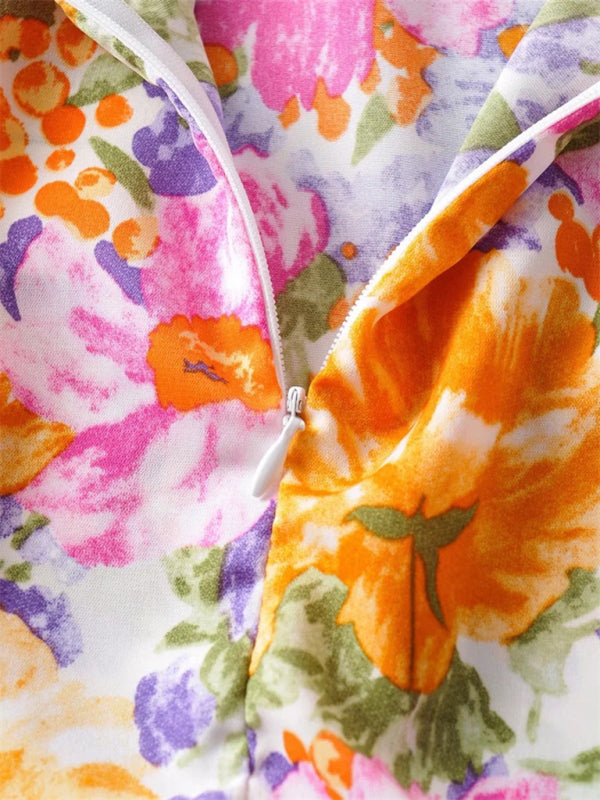 Back Tie Design Backless Dress Fresh And Sweet Short Skirt Popular Ruffled Print A-Line Skirt