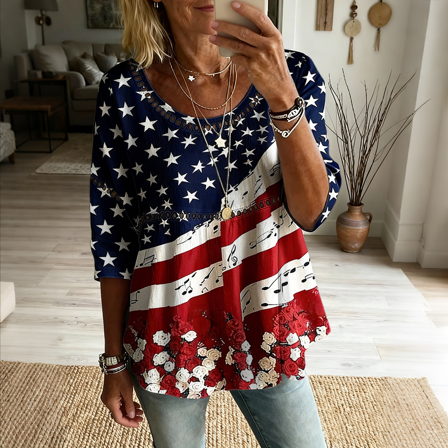 Women's American Flag Printed Cotton and Hemp Top