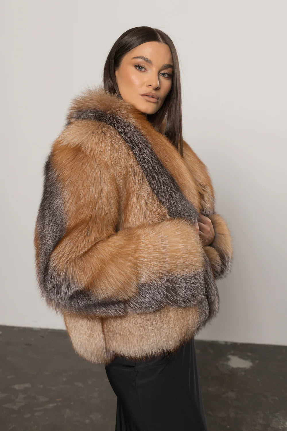 Haină din Blană Naturală de Vulpe, cu Guler Rever, Femei, Canadian Brown 403