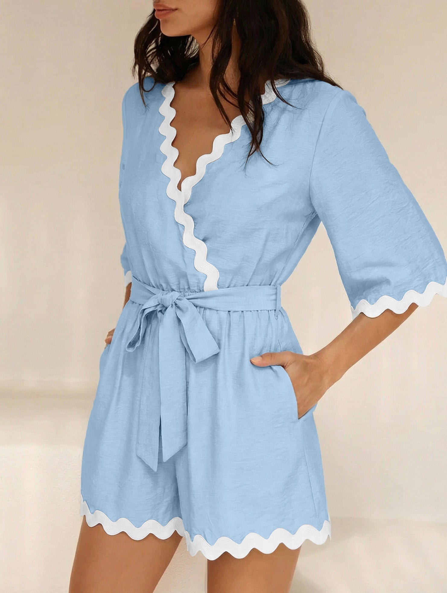 V Neck Lace Trim Romper