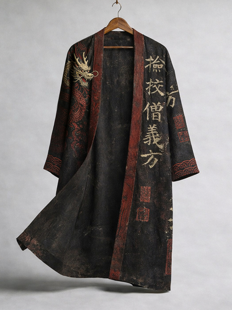 Men's Retro Calligraphy Dragon Art Pattern Linen Blend Kimono