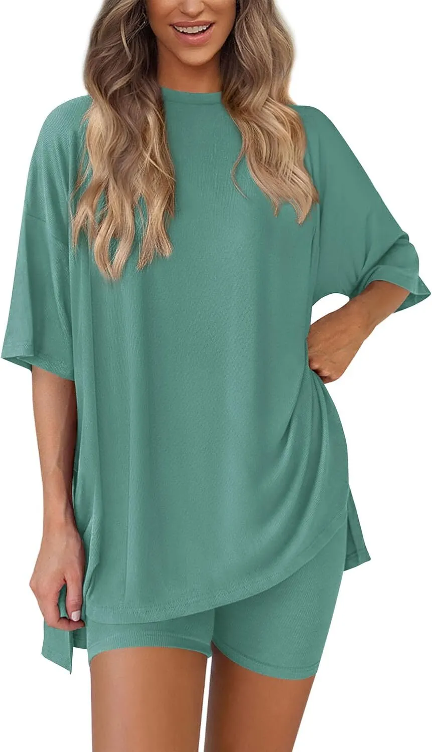 🔥Special Sale❤️Women's Two Piece Lounge Set 2026 Summer Casual Oversized Shirts  Biker Shorts Matching Airport Travel Outfit