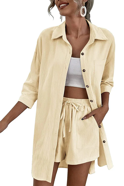 2025 Women's Linen 2-Piece Lounge Set – High-Low Shirt & Drawstring Shorts