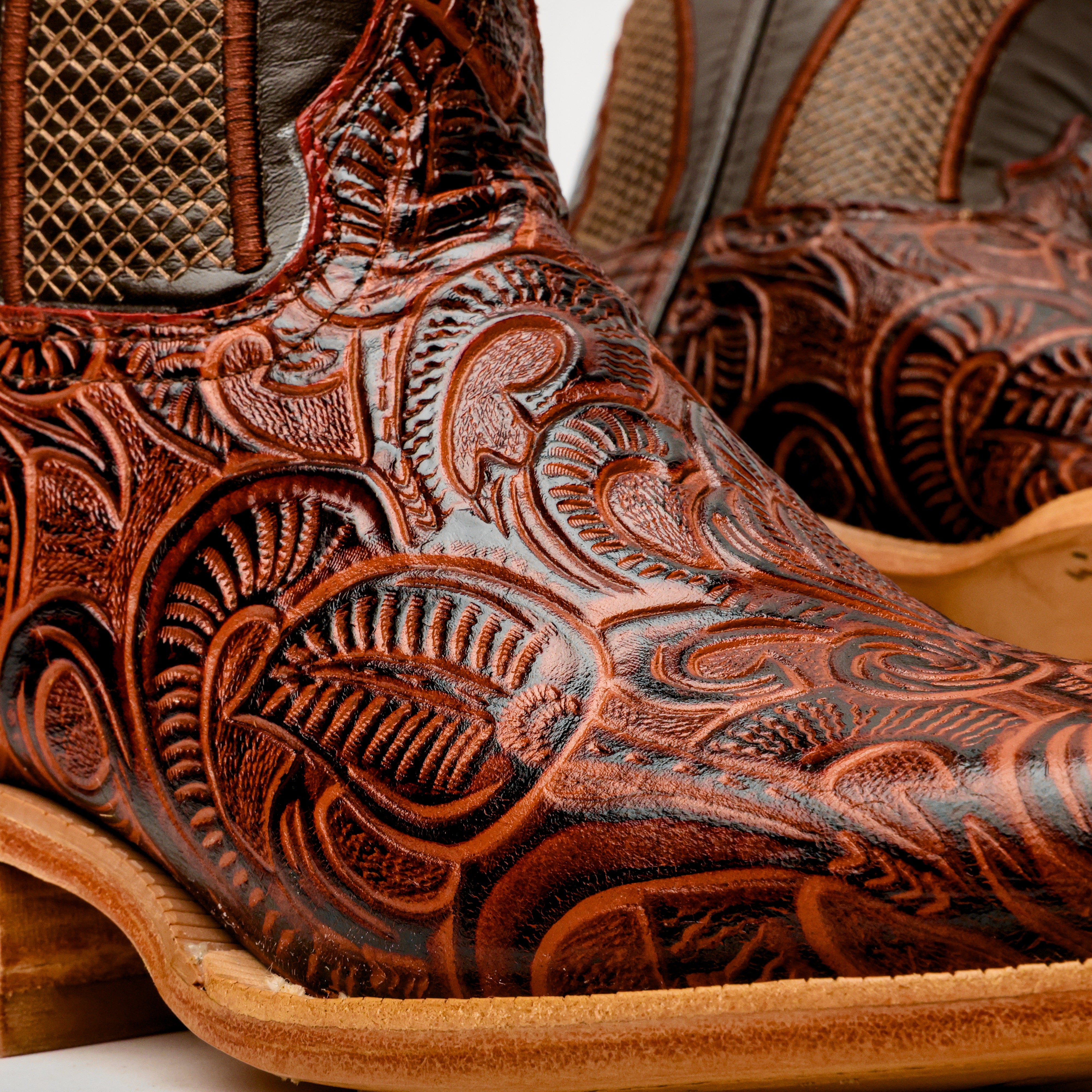 Cognac Hand-Tooled Boots - Square Toe
