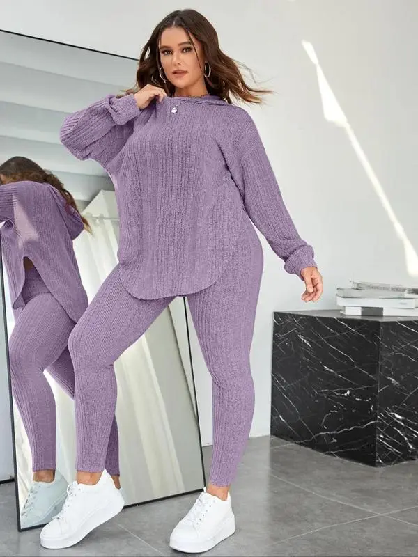 Plain Split Curved Hem Hoodie & Leggings Lounge Two-piece Set