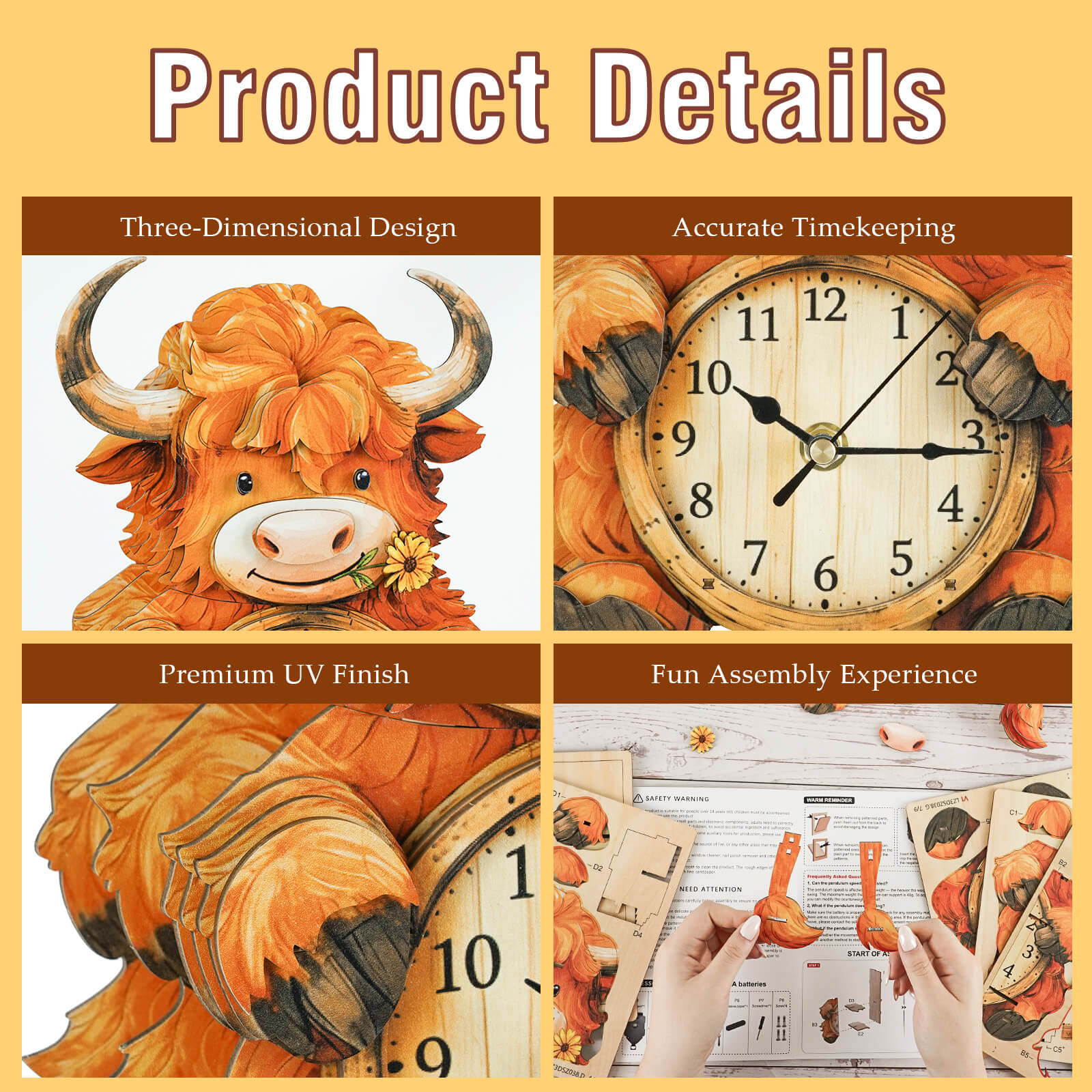 Highland Cattle â€“ DIY Wooden Clock, 3D Puzzle Craft Kit