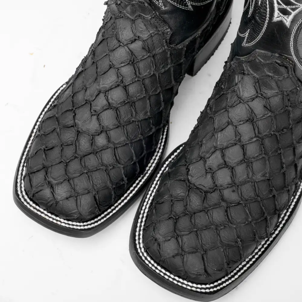 Matte Black Mini Pirarucu Leather Boots - Square Toe