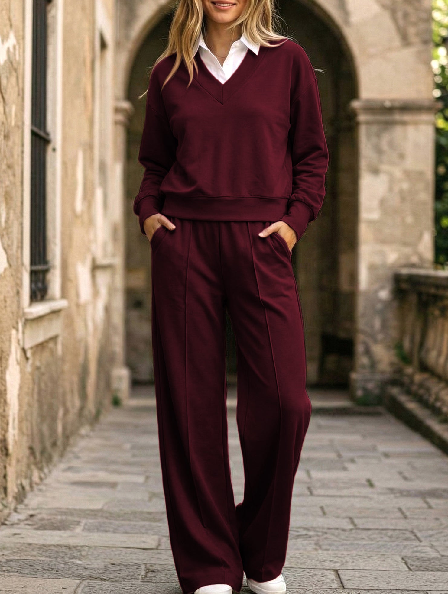 Casual collar loose top and wide-leg pants set_CWSS01448