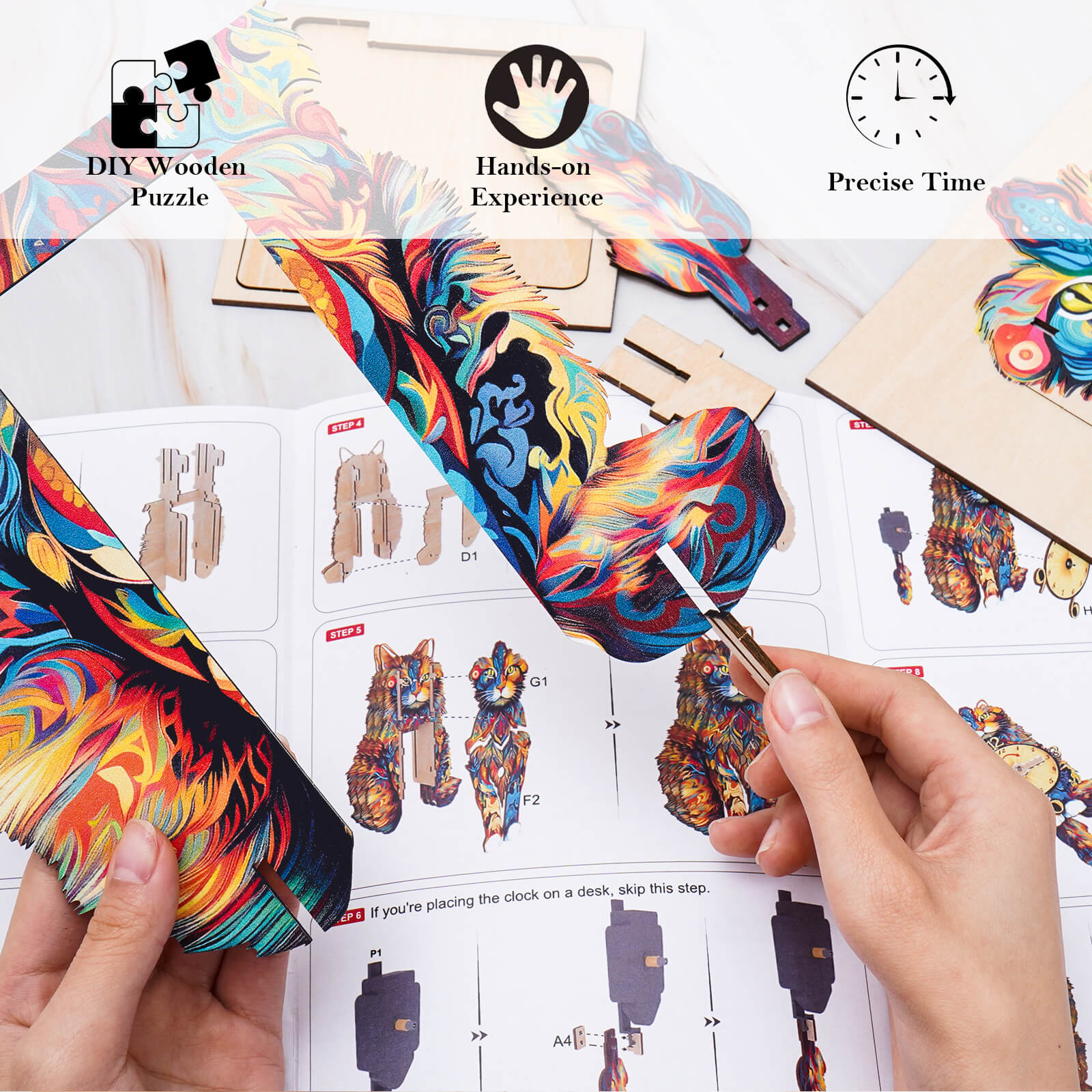 Maine Coon â€“ DIY Wooden Clock, 3D Puzzle Craft Kit