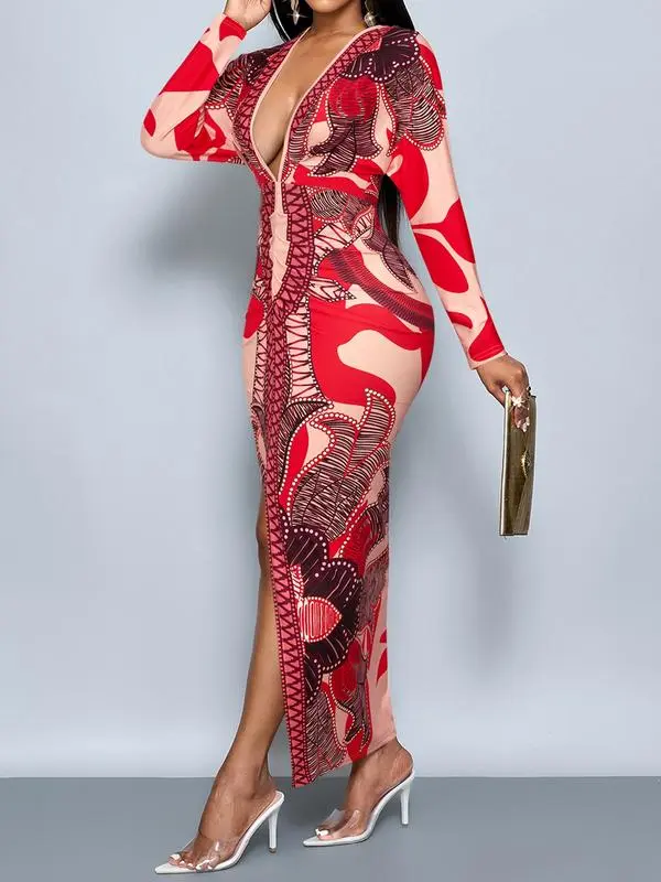 Women's All Over Print Deep V Neck Dress