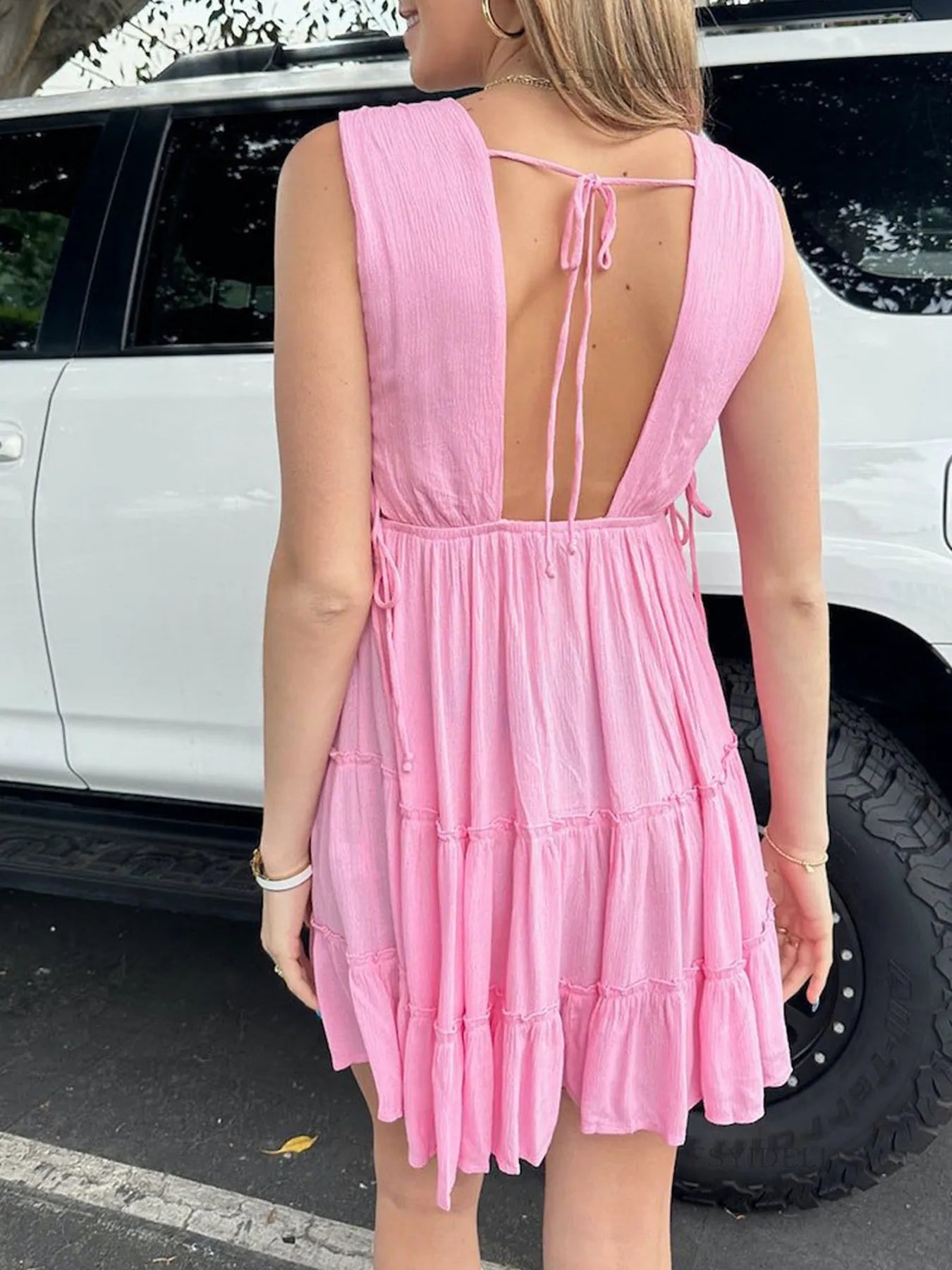 Deep V-Neck Tiered Mini Dress