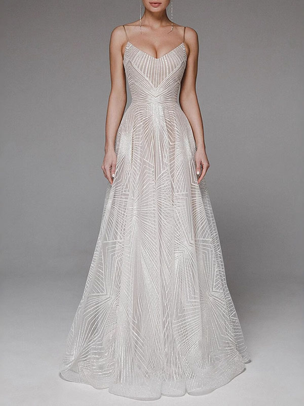 Flower Gauze Sleeveless Spaghetti-Neck Evening Maxi Dresses