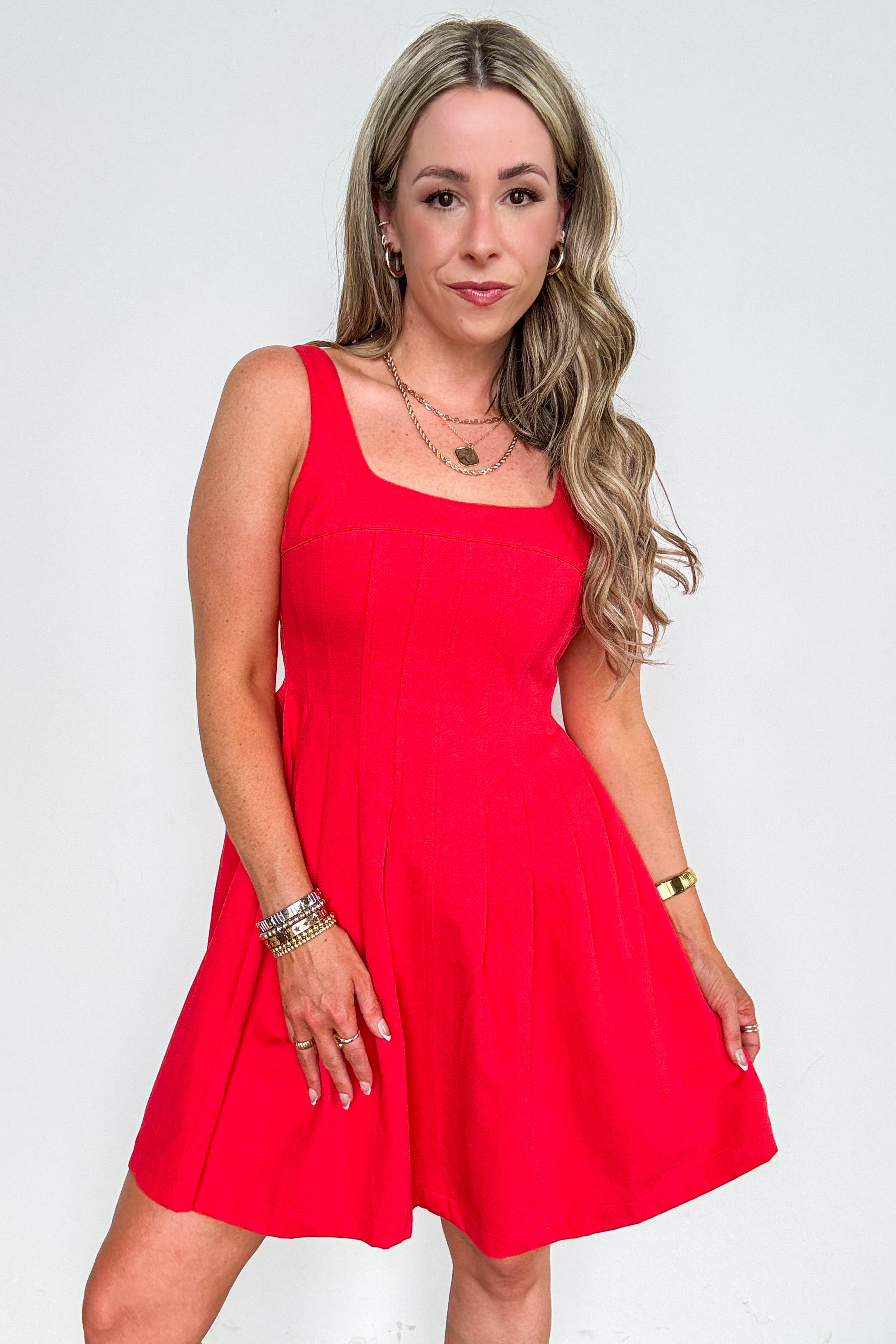 Fit And Flare Pleated Detail Sleeveless Dress