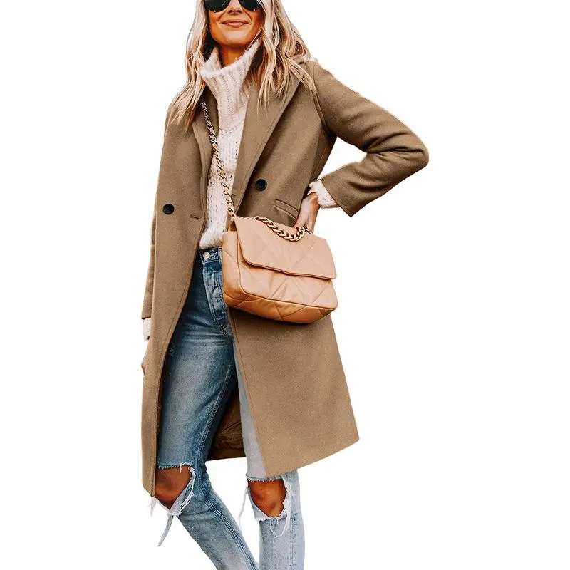 Women's Winter Notch Lapel Double Breasted Wool Blend Mid Long Pea Trench Coat