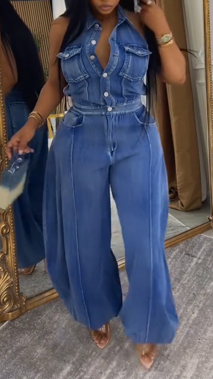 Womens Collared Patchwork Casual Denim Jumpsuit