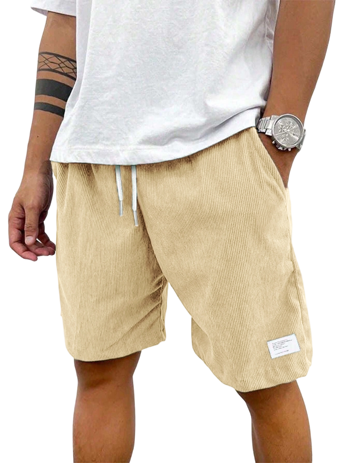 Men's Solid Patched Drawstring Waist Shorts