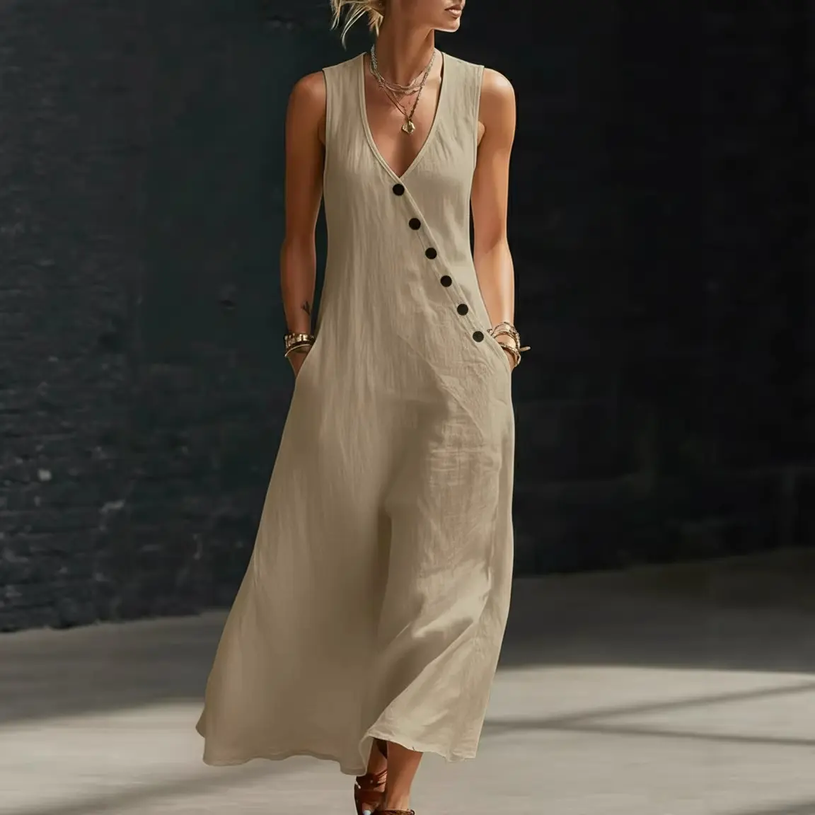 Boho Linen Maxi Dress - Perfect for Beach, Vacation & Brunch! Sleeveless V-Neck Button Detail Casual Dress with Pockets # SleevelessDress