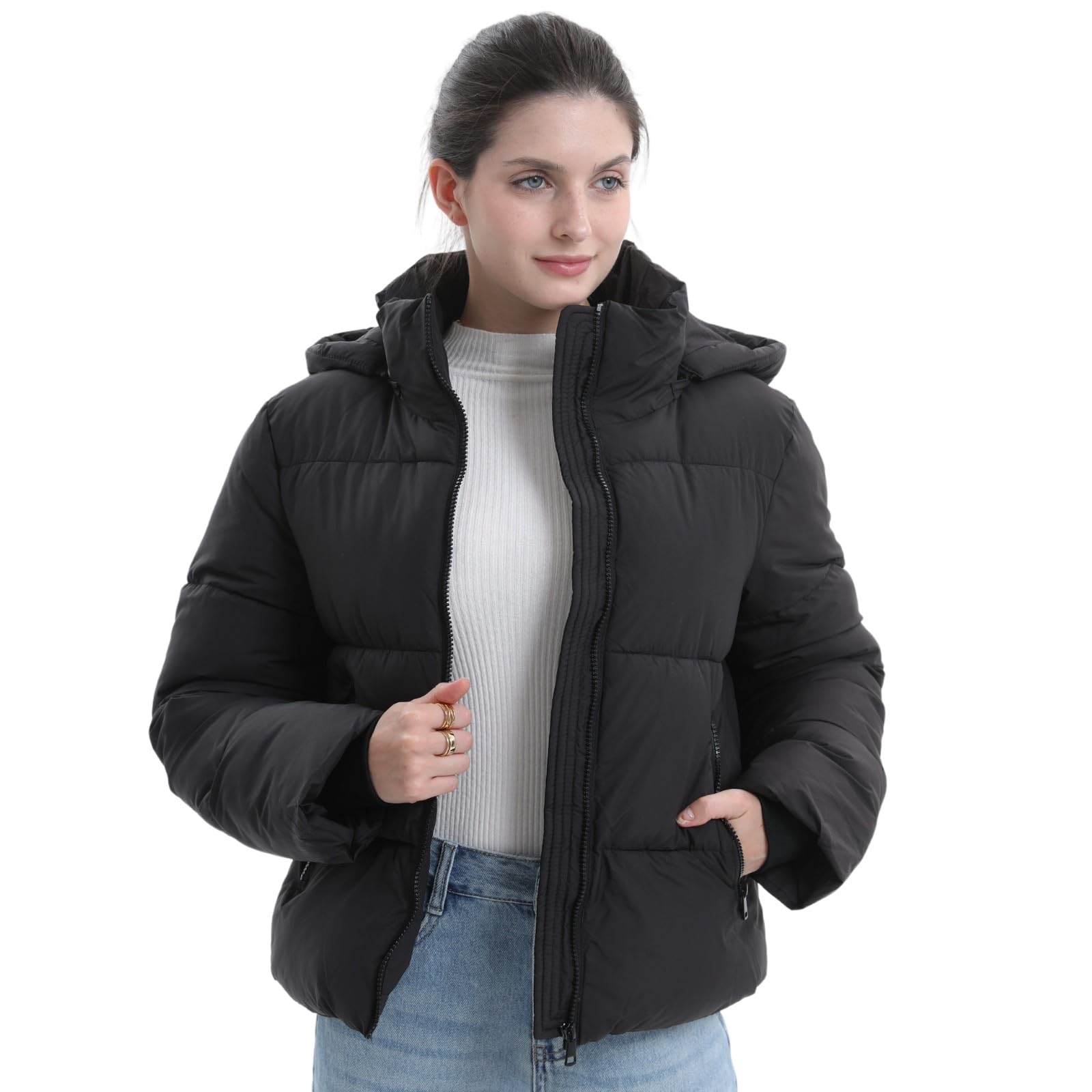 WarmCore Premium Short Puffer Jackets with Removable Hood & Optional Faux Fur Linging, Lady Casual Outerwear Longsleeves Zip Pockets Warm Quilted Coat