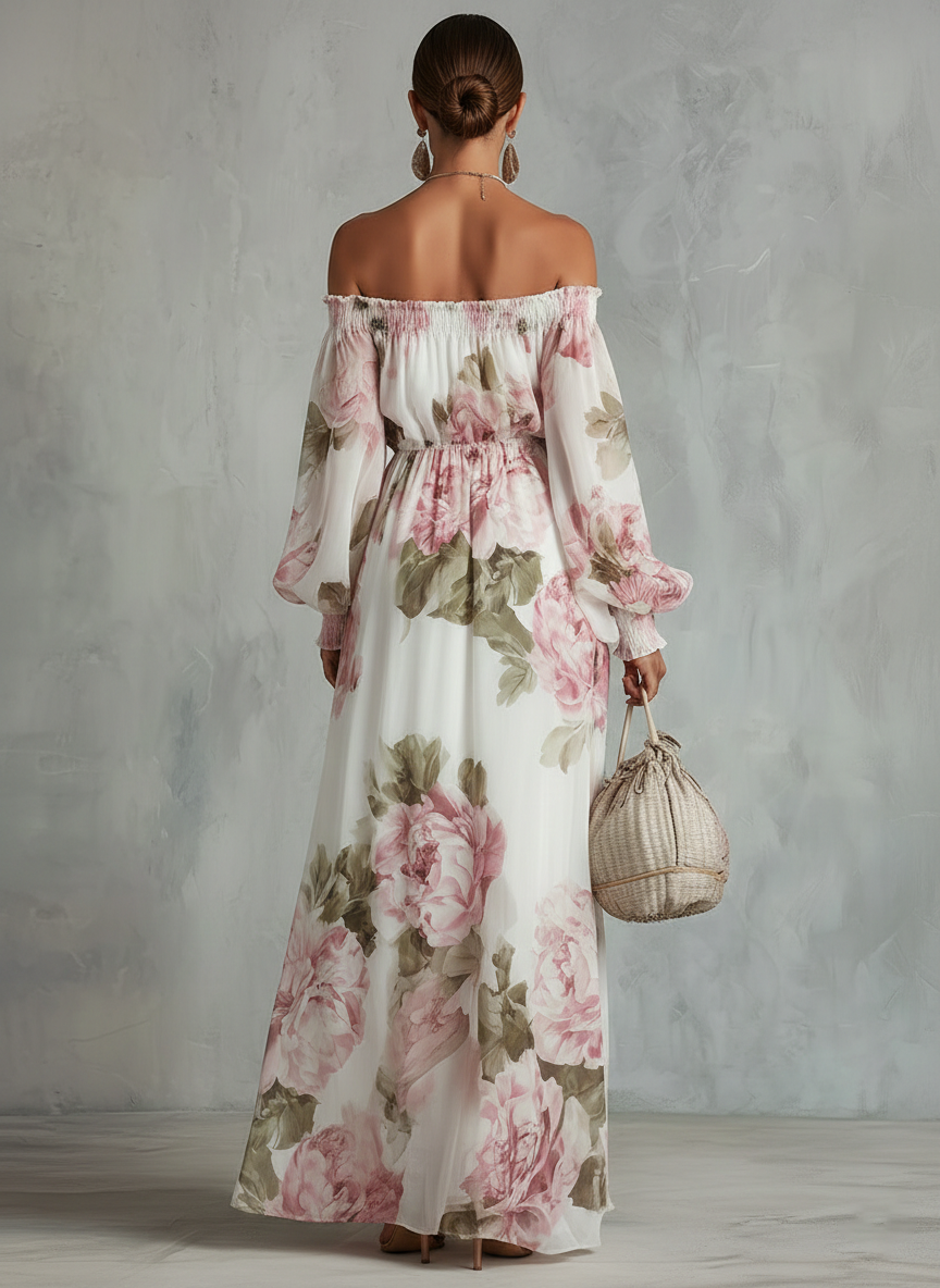 White And Pink Floral Print Off-shoulder Chiffon Maxi Dress