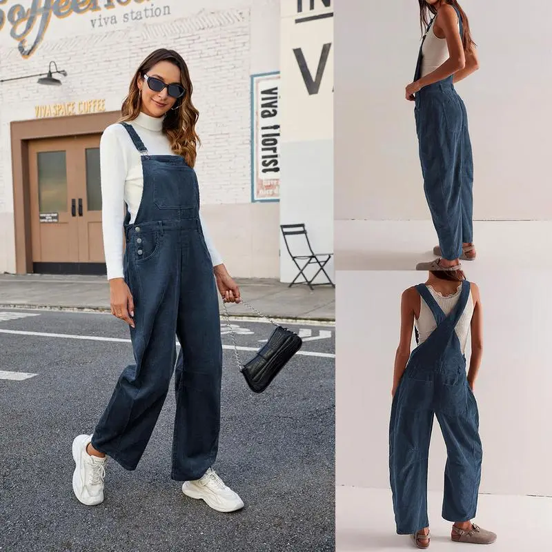 Women's Corduroy Overalls Barrel Wide Leg Bib Pants