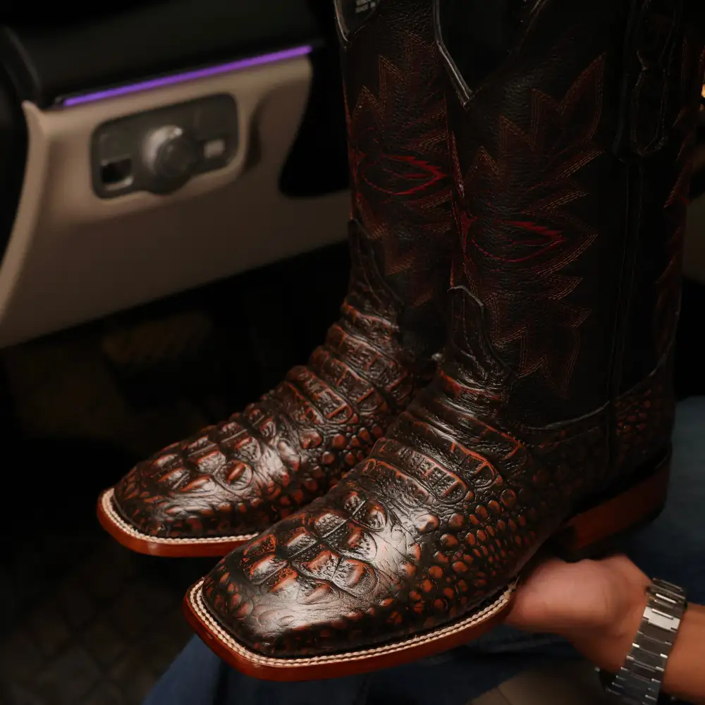 Copper Caiman Neck Leather Boots - Square Toe