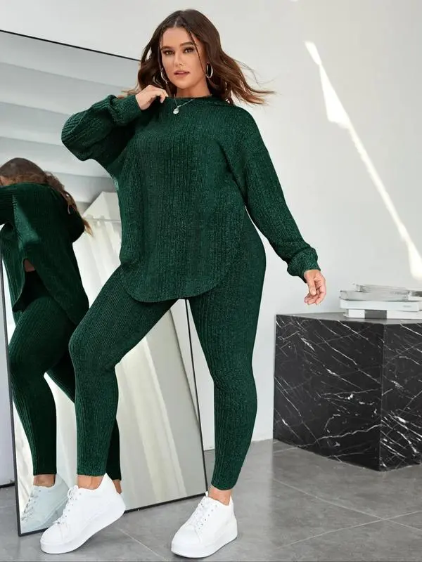 Plain Split Curved Hem Hoodie & Leggings Lounge Two-piece Set