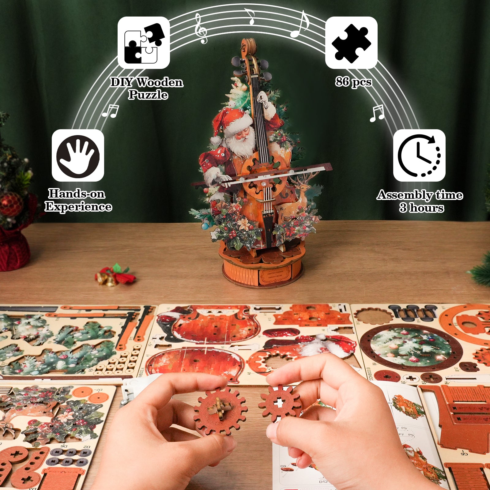 Christmas Concerto Cello â€“ DIY Wooden Music Box, 3D Puzzle Craft Kit