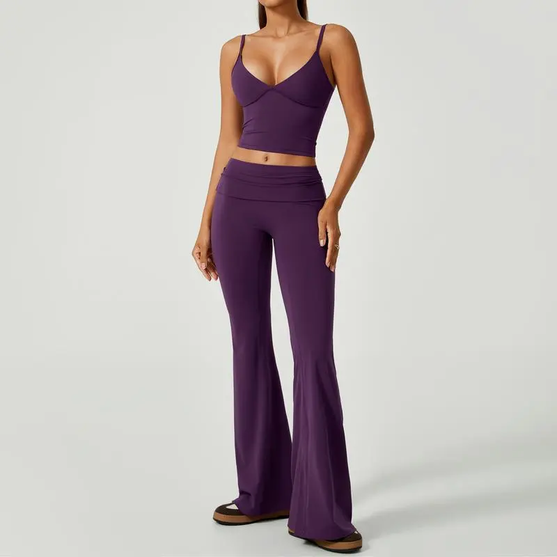 Women's 2-Piece Deep V Crop Cami & Flared Pants Set