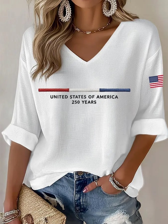 Women'S 250Th Anniversary Printed V-Neck Top For The Founding Of The United States