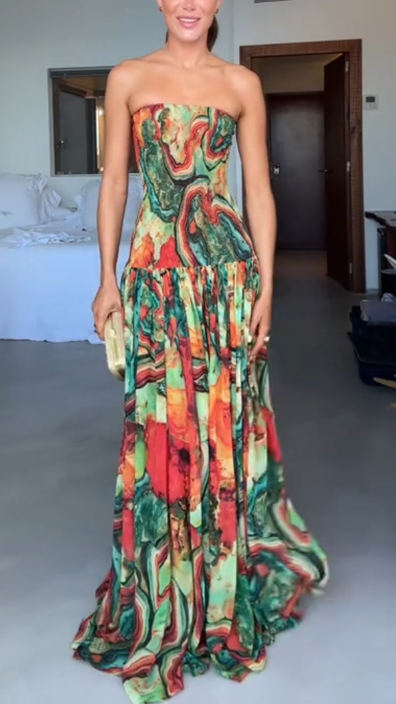 Ladies Strapless Patchwork Multi-color Elegant Temperament Dinner Party Dress