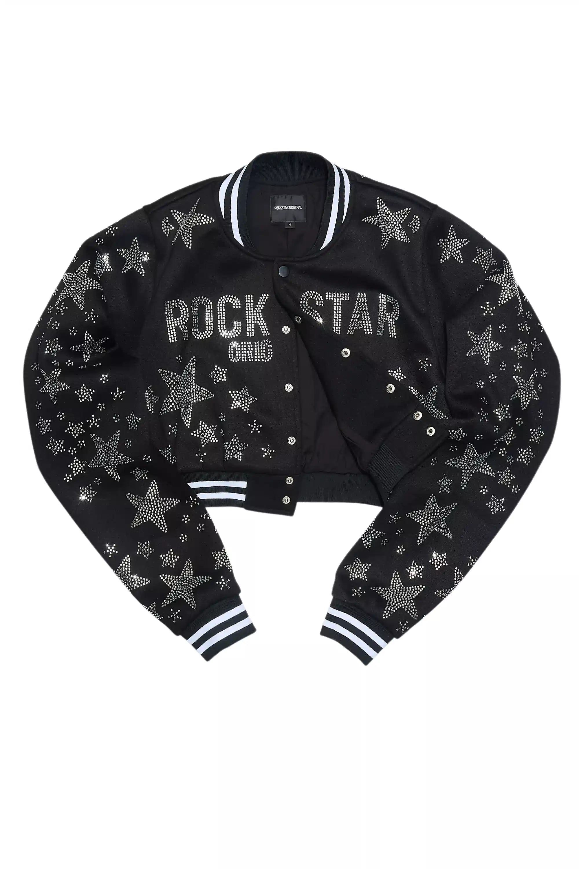 Shanda Black Crop Rhinestone Varsity Jacket